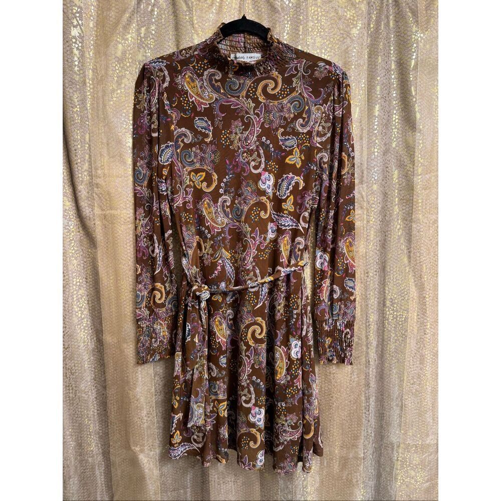 Absolutely Famous Chocolate Brown Pink Paisley Mesh Long Sleeve Dress M